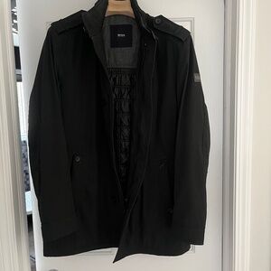 Hugo Boss lined Winter Dress Coat / Trench Coat - Black Polyester